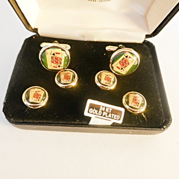 VINTAGE POKER PLAYING CARDS ESSEX GLASS TUXEDO CUFFLINKS STUDS 24K GOLD PLATE